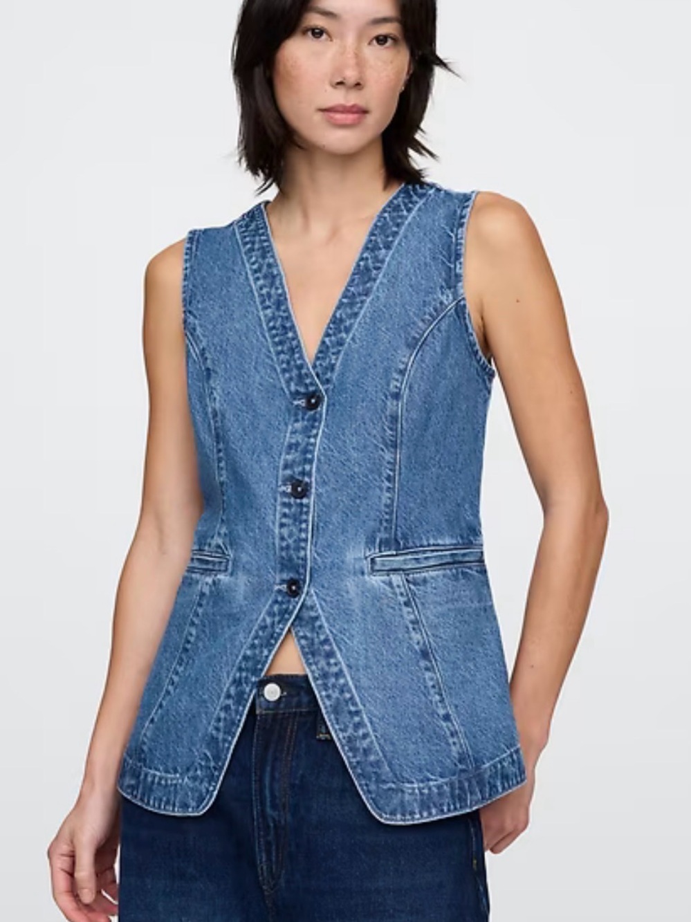 GAP Longline Denim Button-Front Vest - Blue